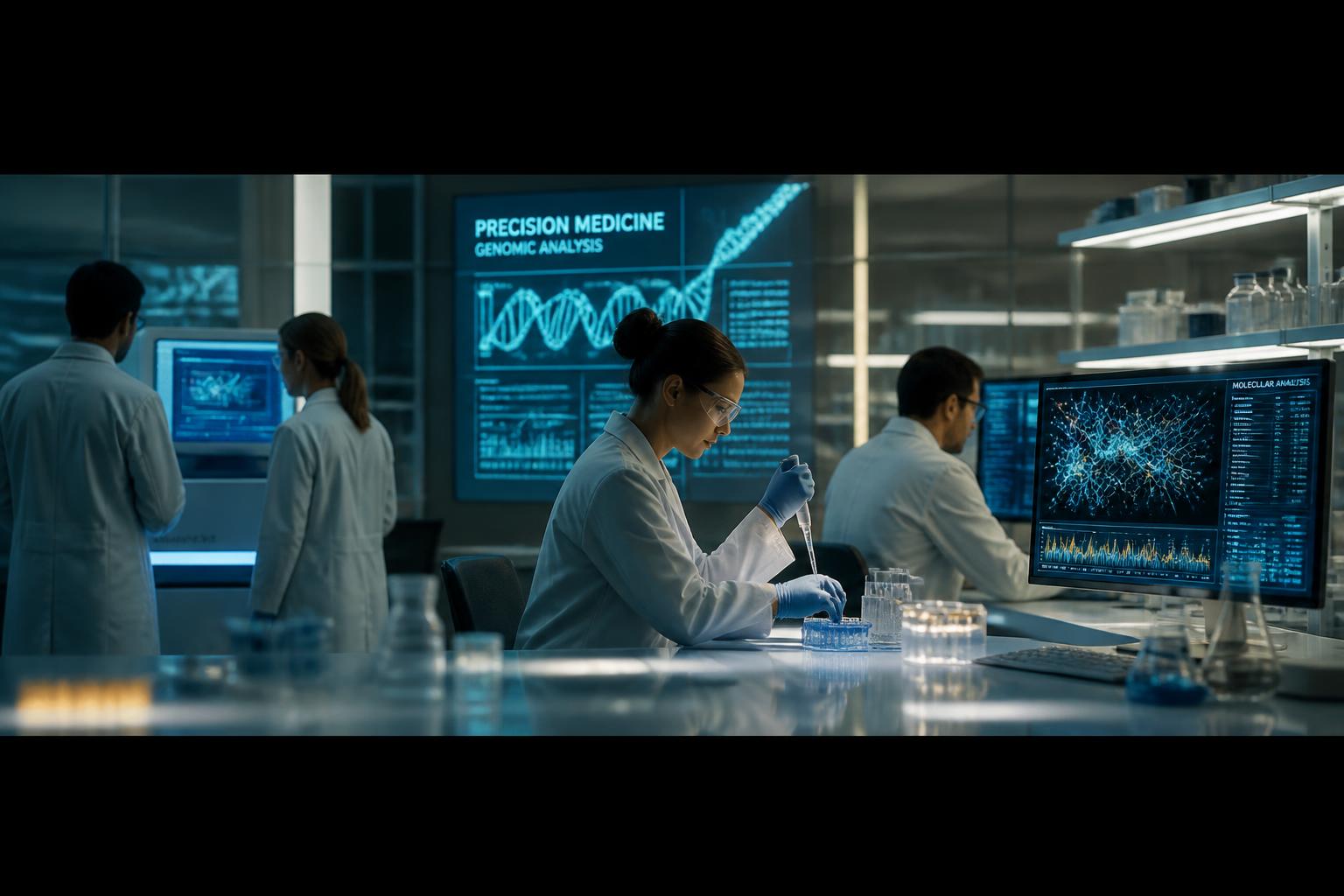 Modern molecular biology laboratory with scientists analyzing genomic and neural network data